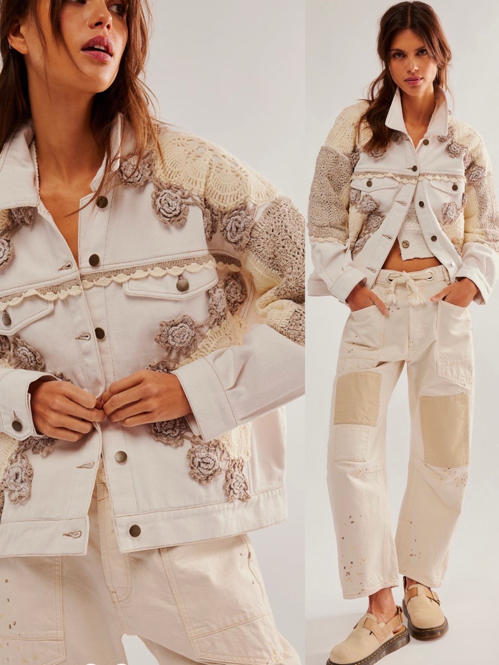 Free People BALI Rare Hearts Denim Jacket Floral Appliqué Crochet NWOT SMALL